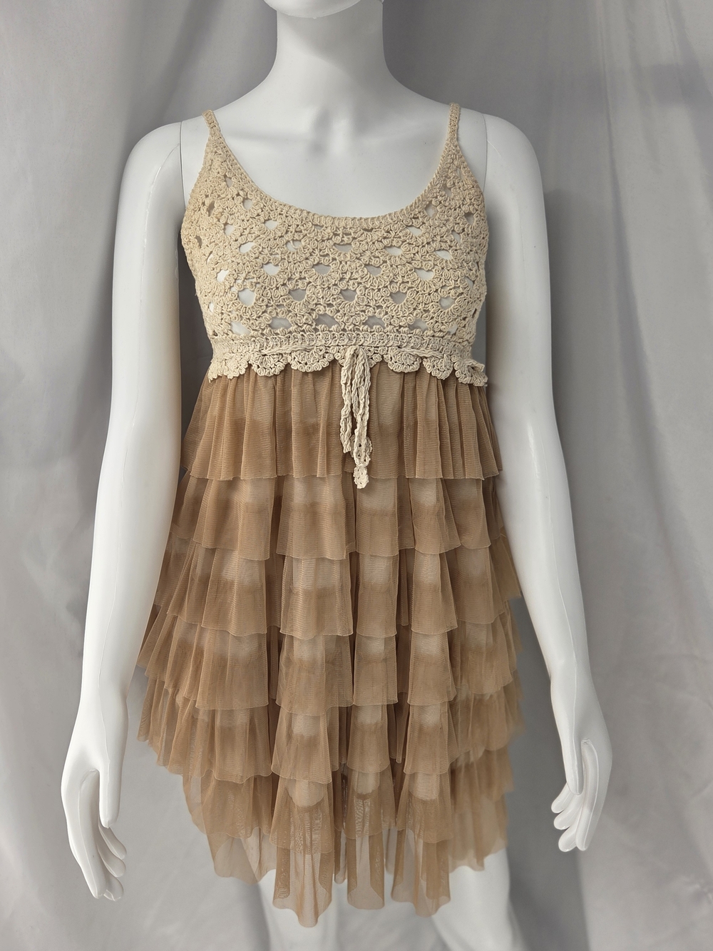 J. Gee Boho Crochet Tiered Tulle Mini Dress S Fairycore Cottagecore Slip
